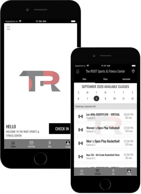The root sports and fitness center app on mobile