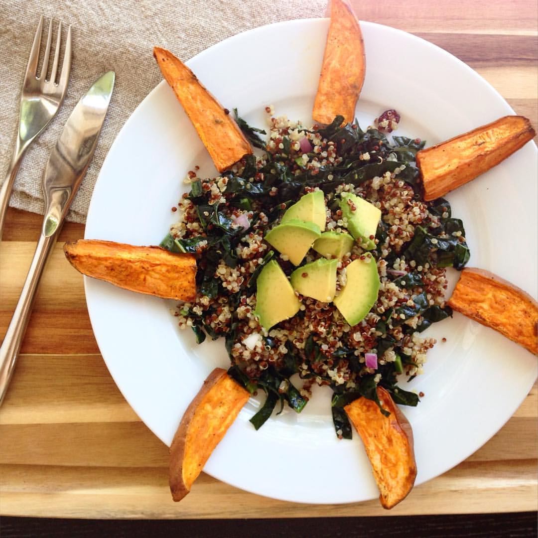Quinoa with Kale & Sweet Potato Fries*