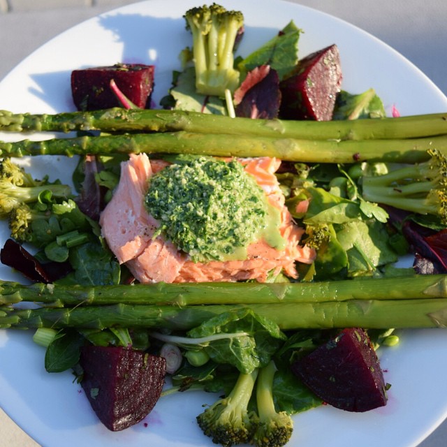 Salmon with Kale Pesto, Beets, & Asparagus*