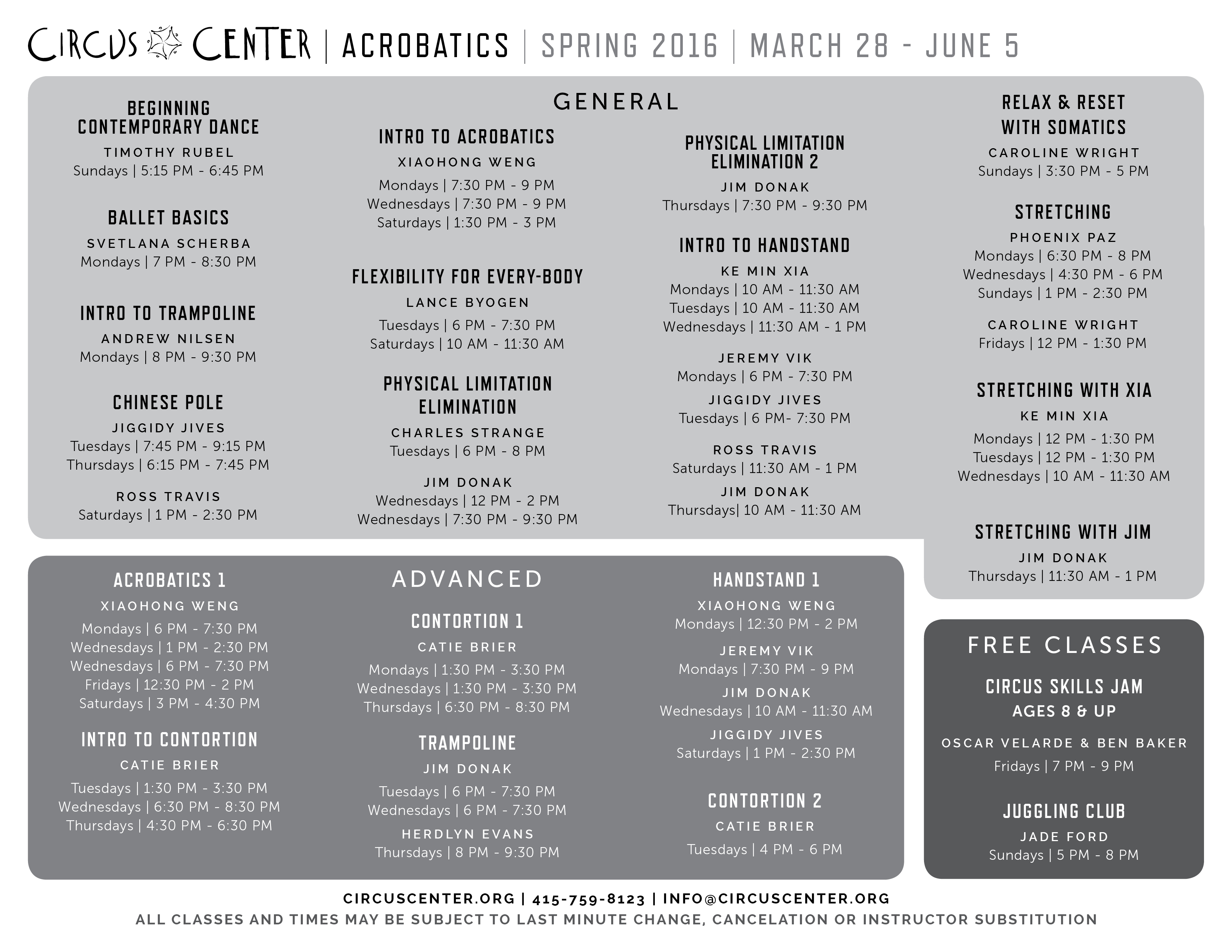 Spring 2016 Weekly Schedule Acro