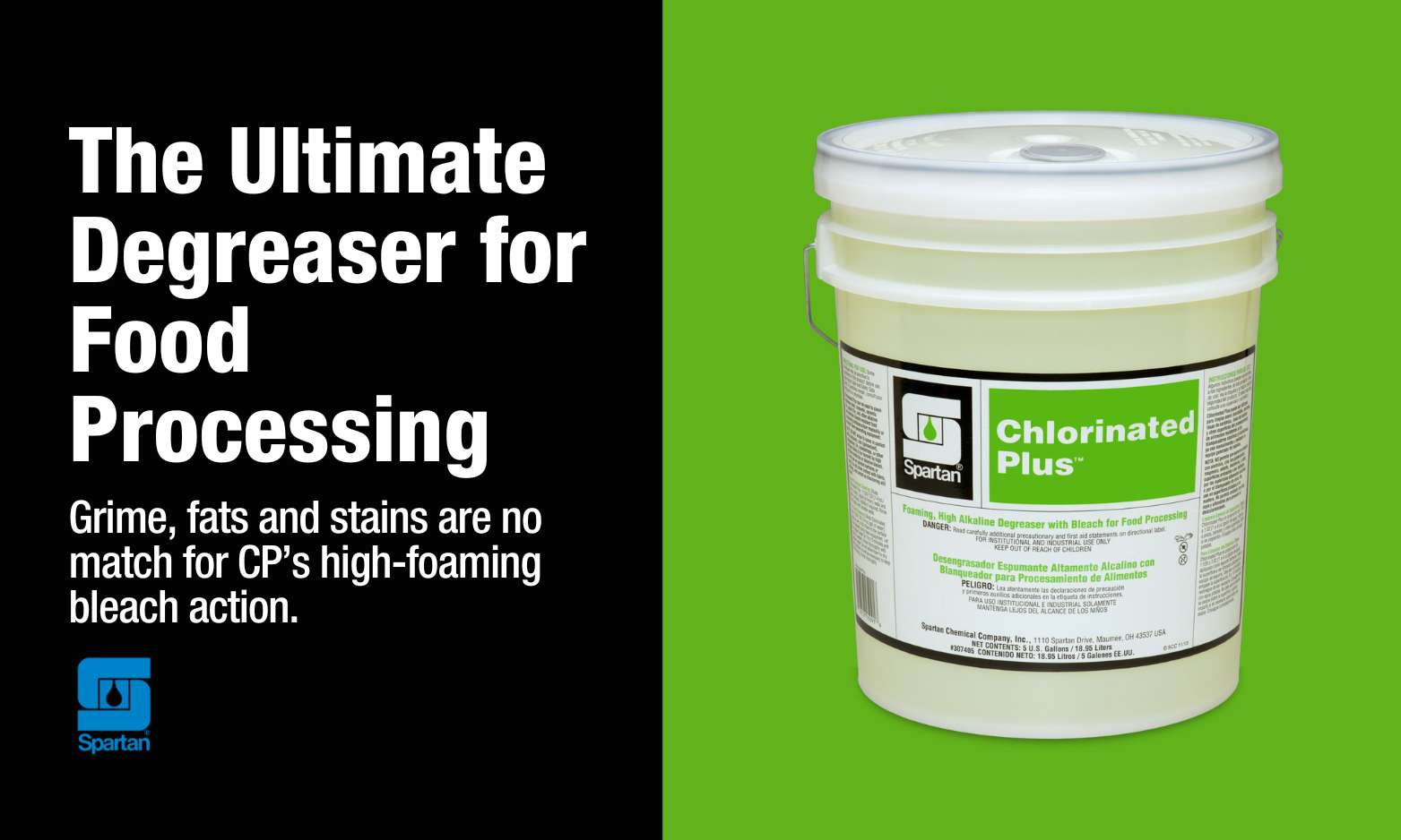 Image shows Spartan Chemical's Chlorinated Plus, a heavy-duty concentrated degreaser for food processing surfaces available at Imperial Dade in Minnesota