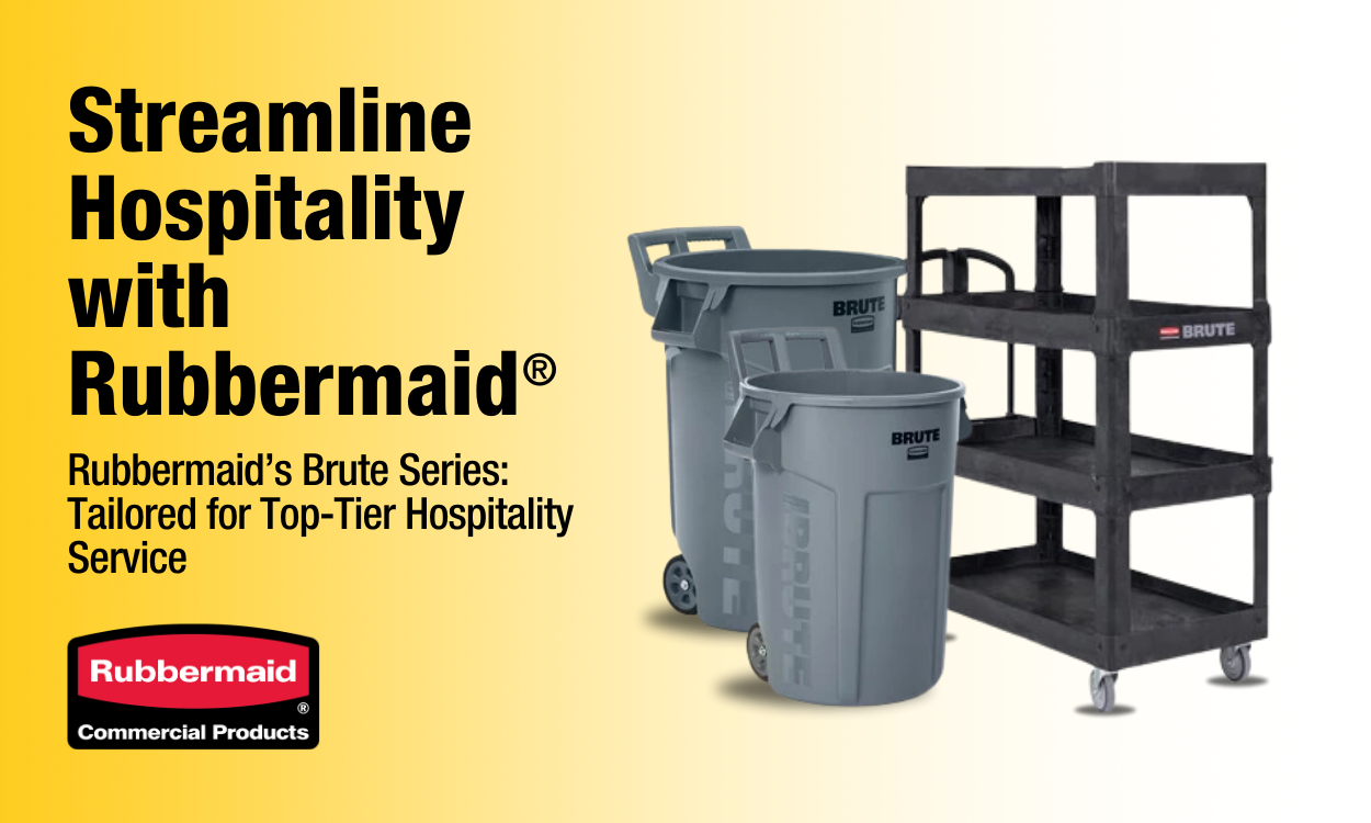 Explore the Rubbermaid Brute Series in this promotional image featuring the innovative 3-Shelf Carts and Wheeled Brute Containers designed for hospitality efficiency. These state-of-the-art carts are showcased in a busy hotel setting, illustrating their utility in streamlining service operations and enhancing workplace organization. Perfect for handling the dynamic needs of hotels, these Rubbermaid products promise durability, mobility, and superior performance.