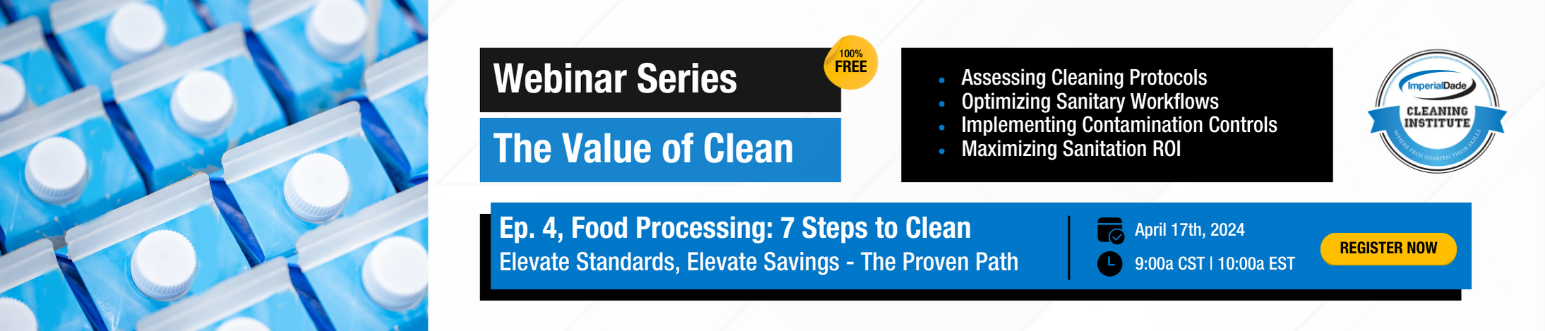 Graphic with text promoting free training webinar for food processing businesses, titled Food Processing: 7 Steps to Clean
