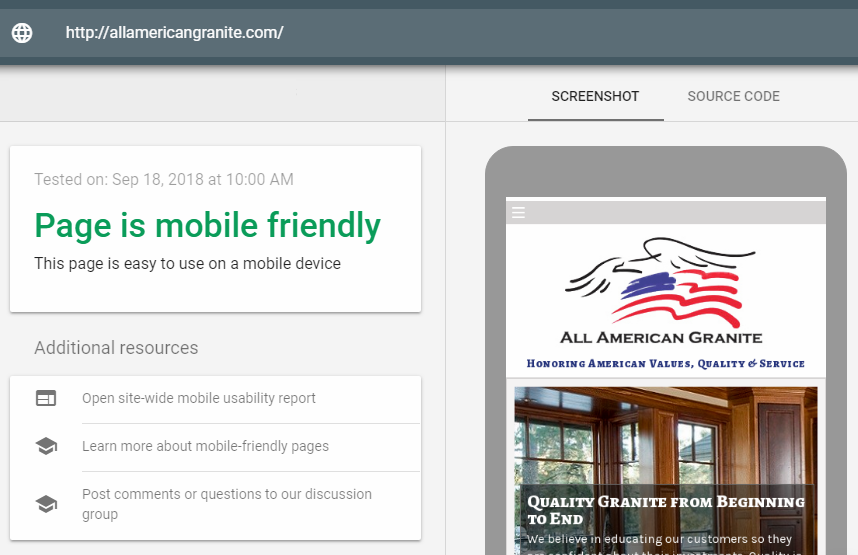 screenshot of Google's mobile test
