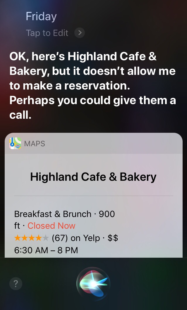 Siri results for making reservations