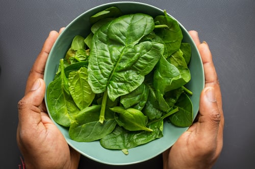 person holdig a bowl of greens - spinach - vegetables