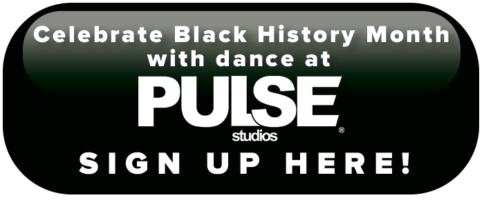 A call-to-action button inviting viewers to celebrate Black History Month with dance at PULSE Studios. Text reads "Celebrate Black History Month with dance at PULSE studios. SIGN UP HERE!"