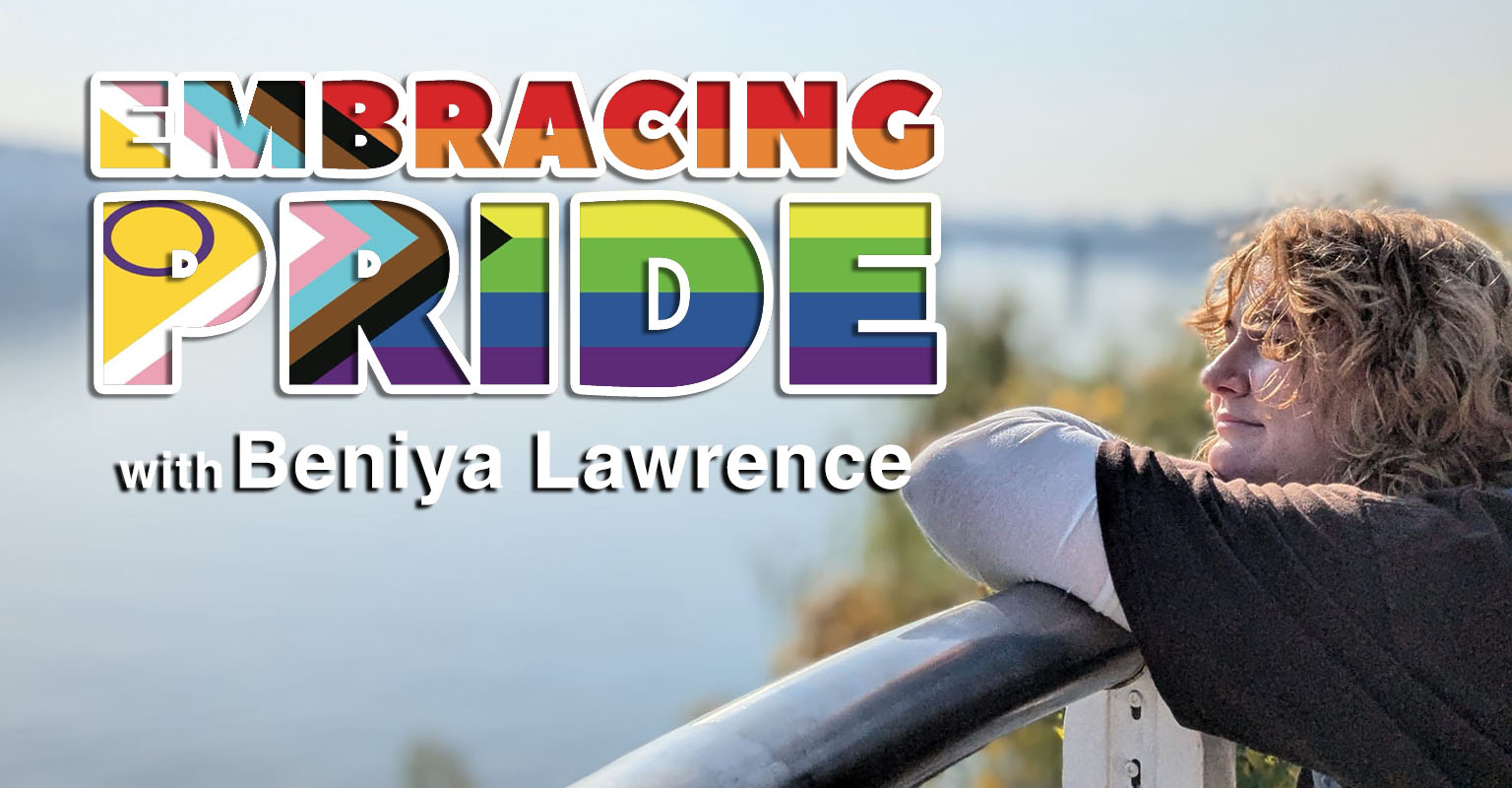 Beniya Lawrence leaning on a railing with a smile, set against a colourful Pride flag background with the text “Embracing Pride with Beniya Lawrence.”