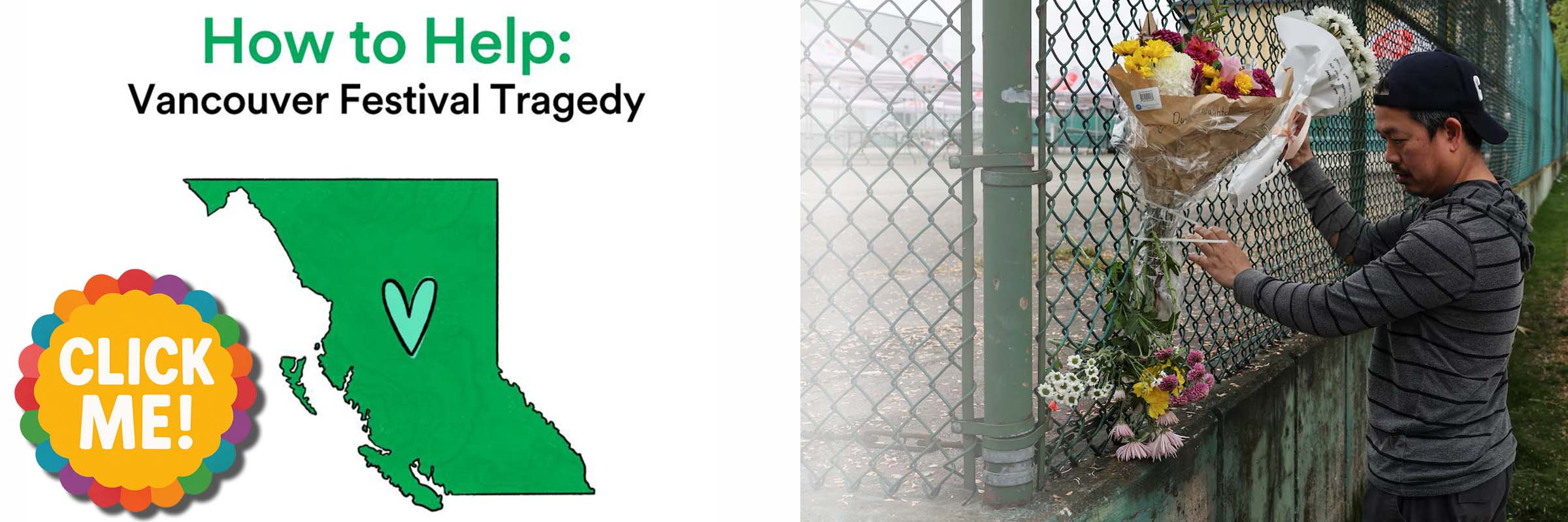 A call to action graphic showing a map of British Columbia with a heart, inviting the Calgary and Hip Hop dance community to support victims of the Vancouver festival tragedy.
