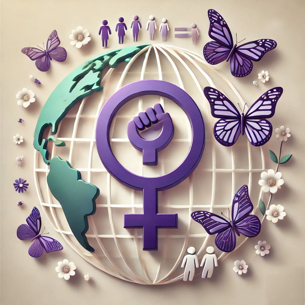 Illustration of International Women’s Day symbols including the Venus symbol, raised fist, equality sign, and globe with women holding hands.