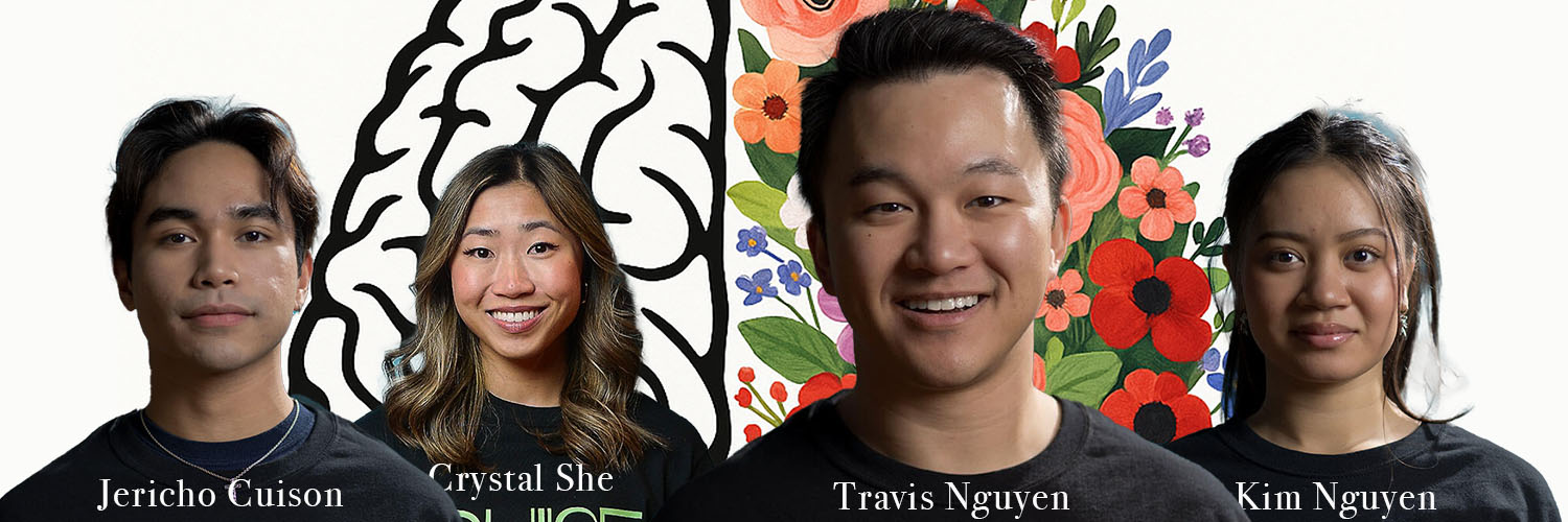 Portraits of four Asian dancers—Jericho, Crystal, Travis, and Kim—from Calgary’s PULSE Studios, standing in front of a split brain and flower design symbolizing mental health awareness in the dance world.