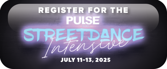 Neon-themed banner that reads “Register for the PULSE Streetdance Intensive – July 11–13, 2025” in bold text over a dark background.