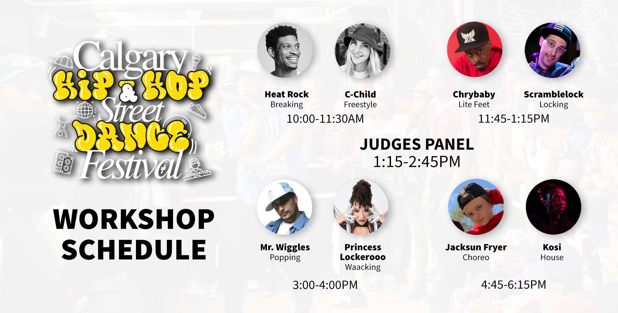 A graphic revealing all of the styles and teachers at the Calgary Hip Hop and Streetdance Workshops on November 24, 2024