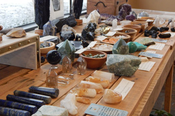 rock, minerals, and crystals in the rock shop at red lotus yoga in rochester hills, mi