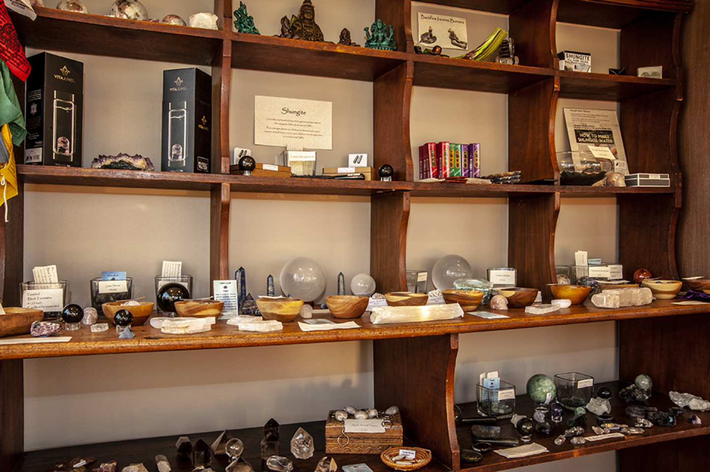 bowls, stones, jewelry and more for sale at red lotus yoga