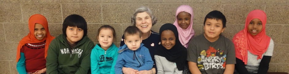 Mary Jo Copeland with a group of children
