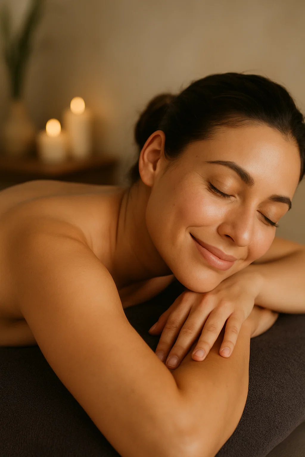 Person laying on a table receiving a massage with candles in the background Person laying on a table receiving a massage with candles in the background