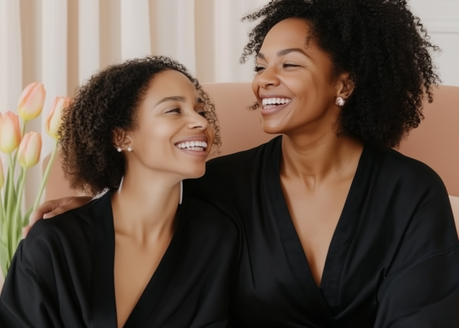 Mother and daughter smiling with a flower in the background