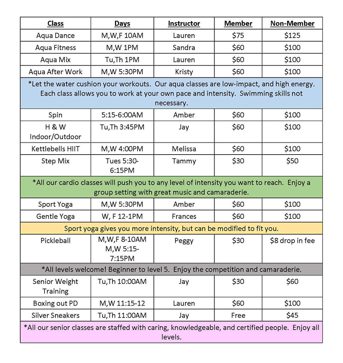 Class/Pool Calendar