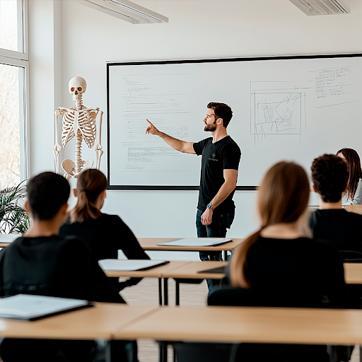 Teacher in classroom with students pointing to a human skeleton
