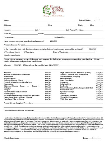 Intake Profile at The Muscle Therapy Center