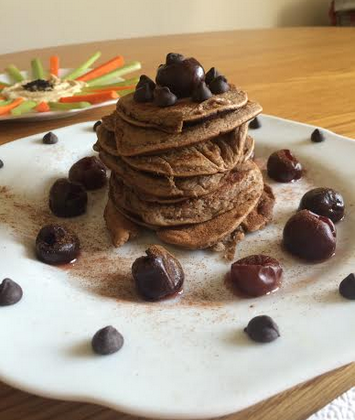 Healthy Gluten-Free Dairy-Free Chocolate + Cherry Pancakes